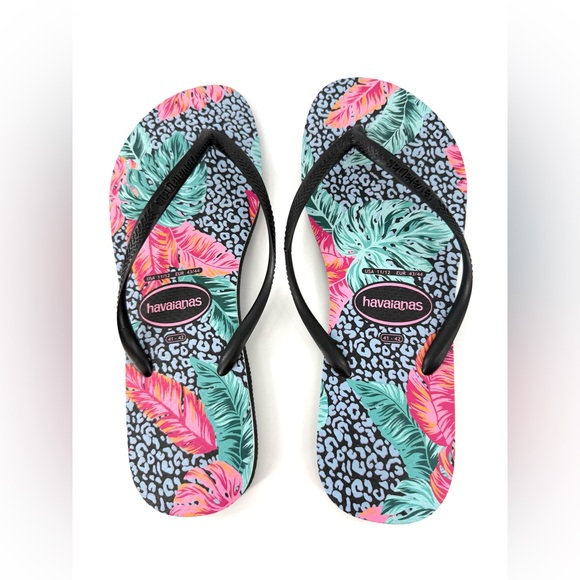 Havaianas Shoes - Havaianas Black and Multicolor Leaf Tropical Sandals Size 11/12